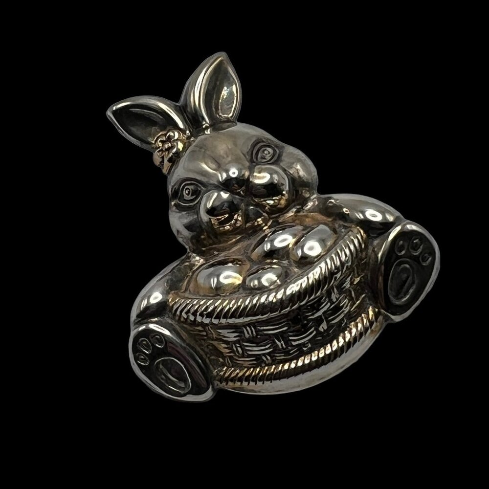 Vintage Bunny Brooch Rabbit‎ with Easter Eggs Basket Silver Tone Pendant